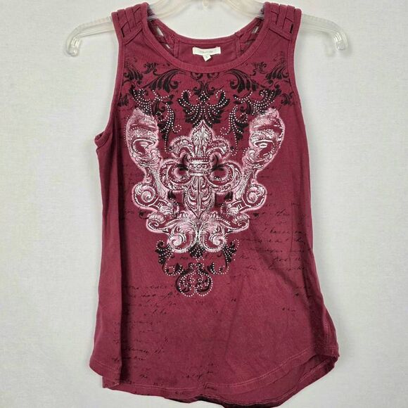 Miss Me Graphic L Burgundy Fleur-de-Lis Rhinestone Tank Top - Picture 1 of 6
